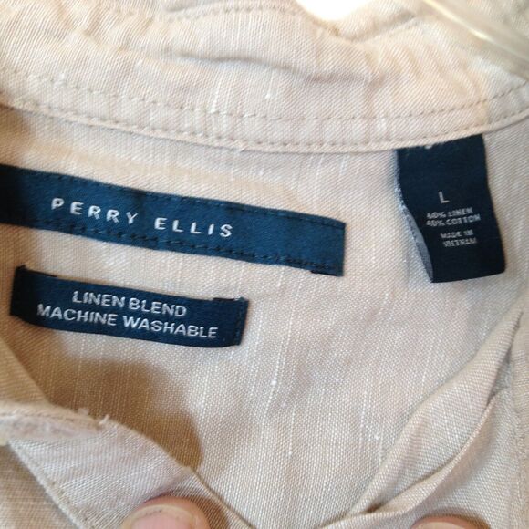 Perry Ellis Linen Blend Short Sleeve Button Up Shirt Tan Mens Size Large L - Picture 5 of 8